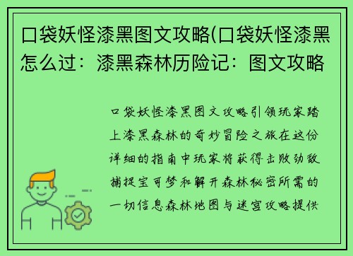 口袋妖怪漆黑图文攻略(口袋妖怪漆黑怎么过：漆黑森林历险记：图文攻略引领大师之旅)